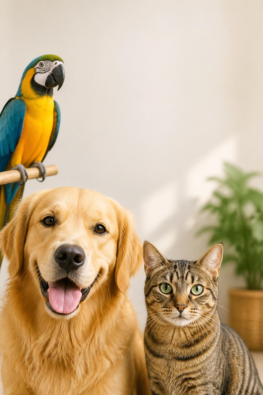 Happy pets — a dog, a cat and a parrot available on PetTrader.co.uk